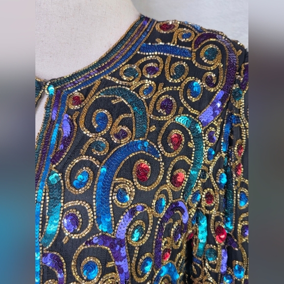 Vintage Laurence Kazar Silk Sequin Beaded Jacket Black Multicolor Size L - Picture 9 of 10
